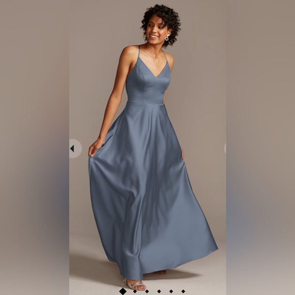 David’s bridal spaghetti strap satin a-line long dress steel blue NWT size 10 - Picture 1 of 5